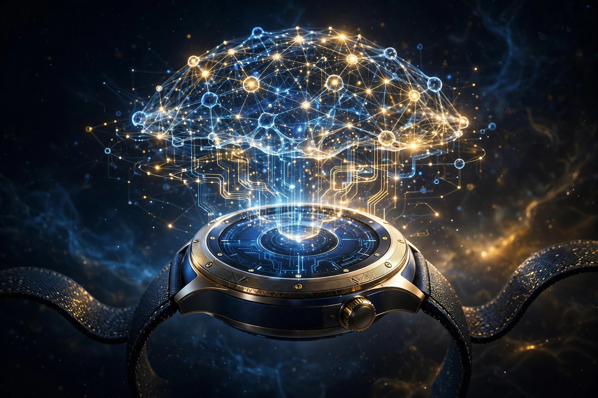 A futuristic smartwatch projecting a holographic AI interface