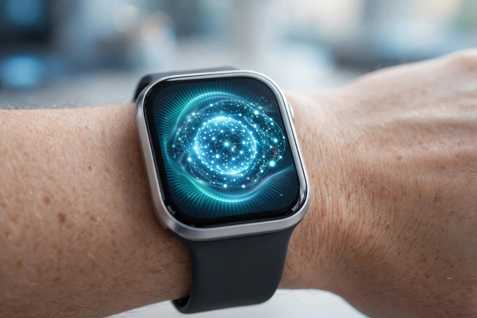 A modern smartwatch on a wrist showing a glowing AI assistant interface
