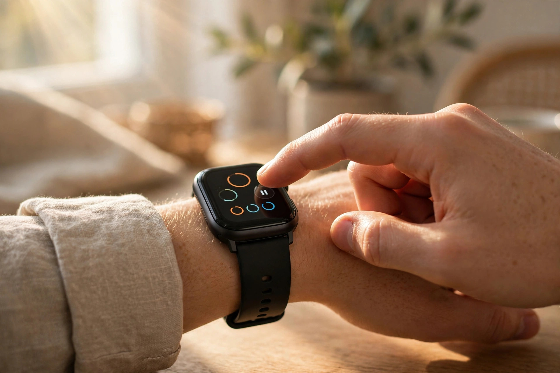 A person tapping a smartwatch screen in warm morning light