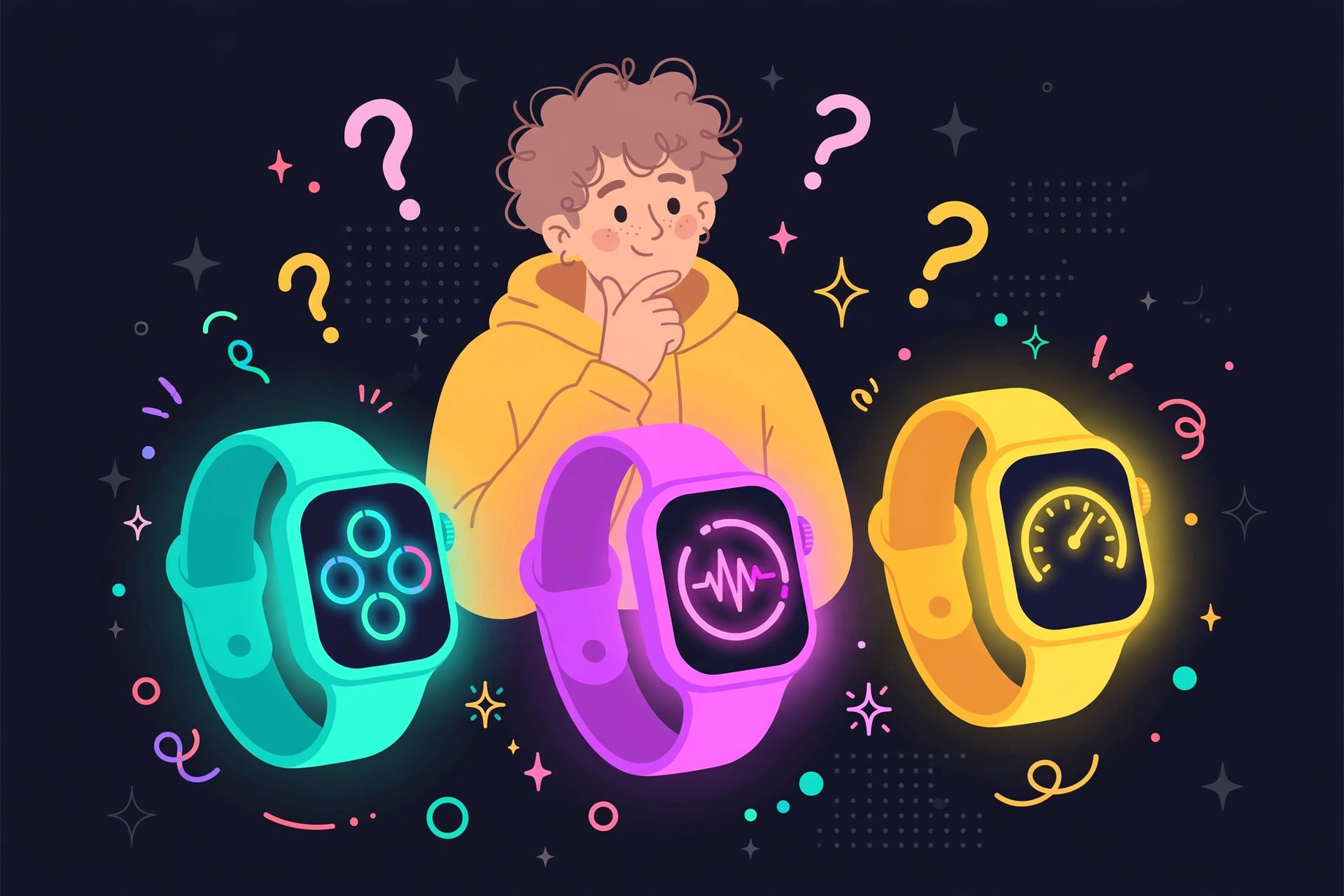 Illustration of a person choosing between three glowing smartwatches
