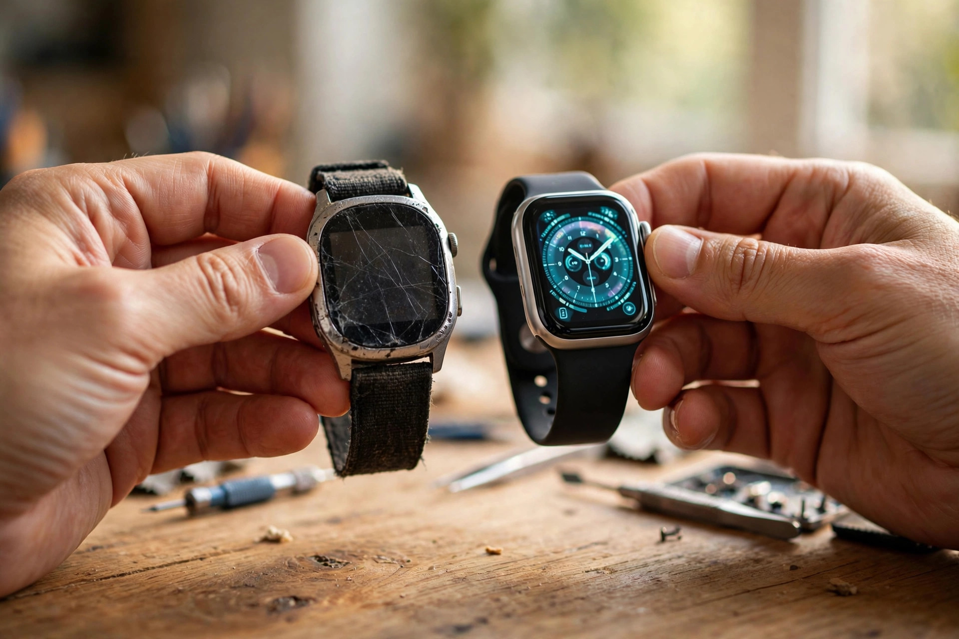 Hands holding a worn older smartwatch next to a new glowing smartwatch, with repair tools on a desk