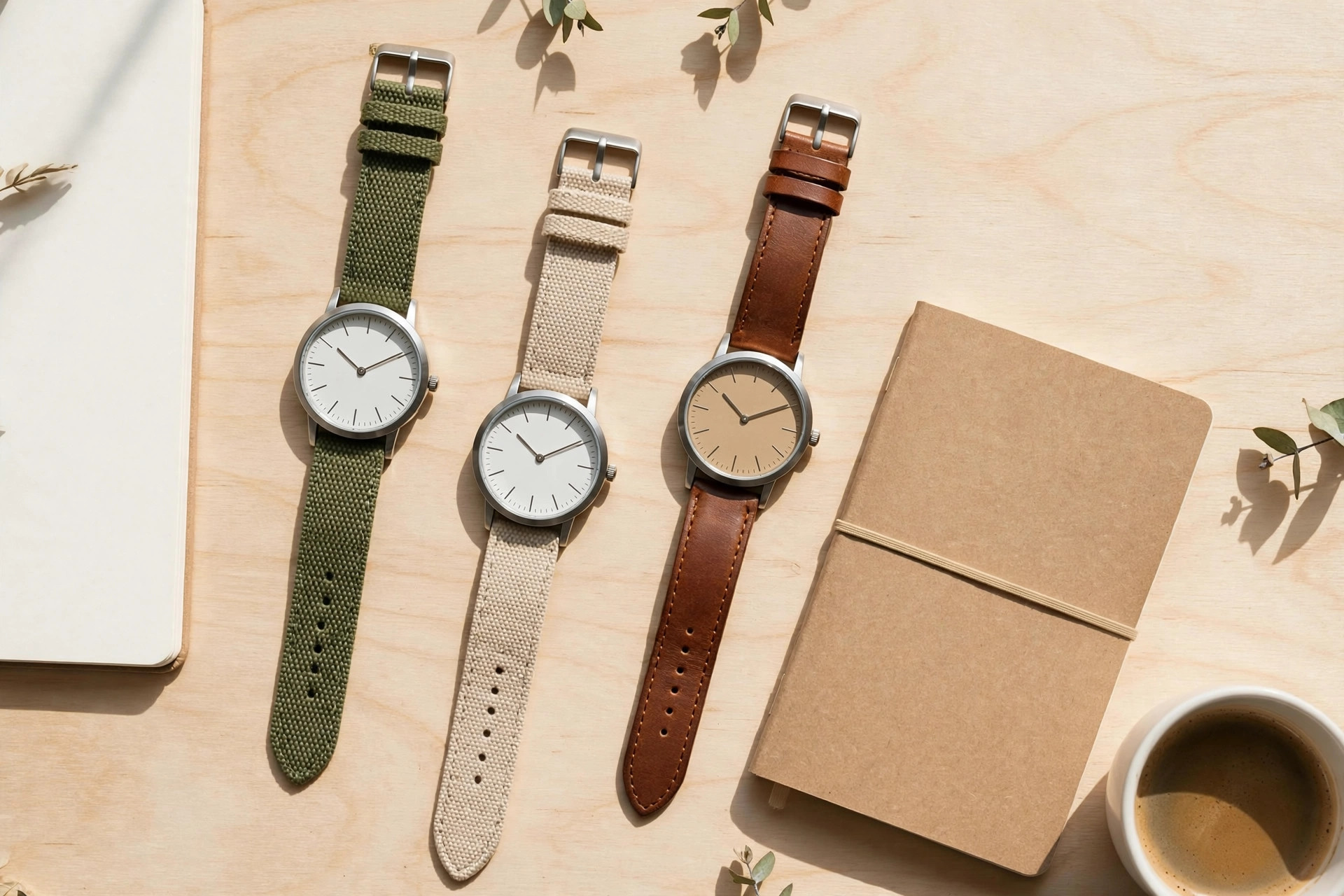 Affordable everyday watches with canvas and leather straps on a wooden table