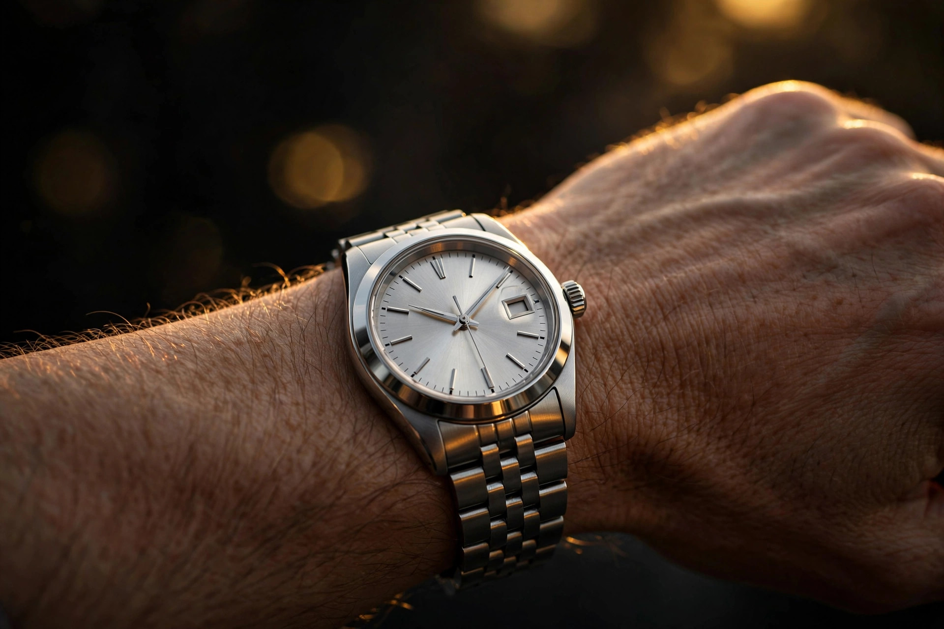 A classic steel wristwatch on a wrist in warm evening light