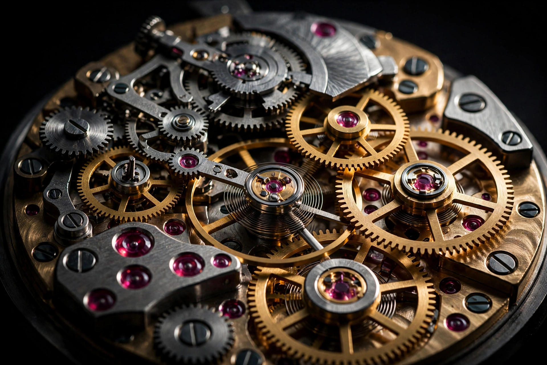 Close-up of an automatic mechanical watch movement with gears and ruby jewels